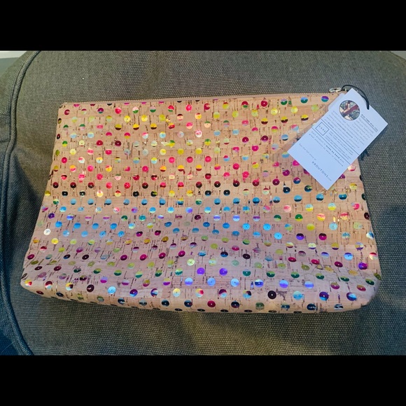 Kroutons Handmade Cork Zippered Clutch w/ Sequins NWT - Picture 1 of 9